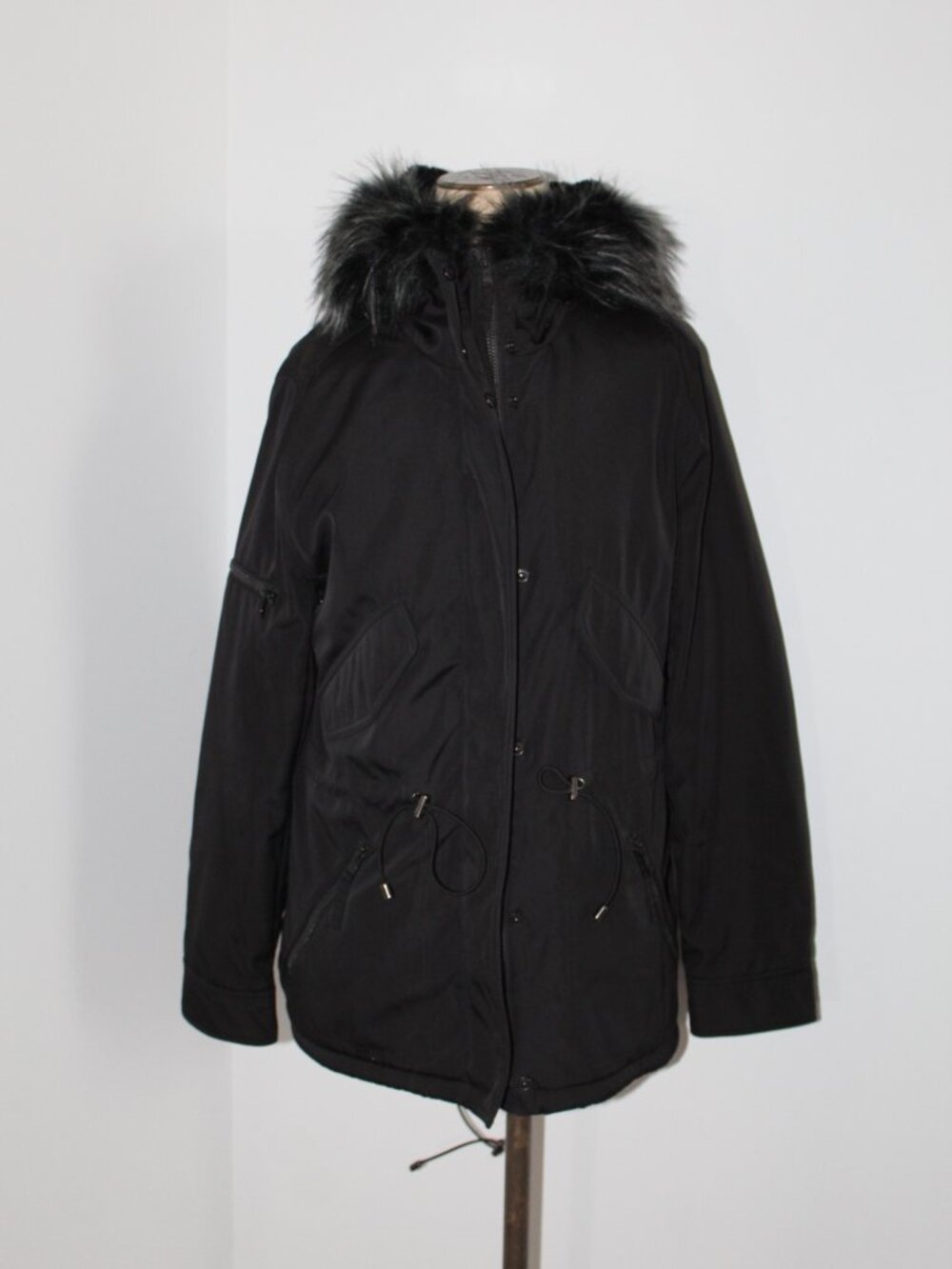 Aqua Faux Fur Black Hooded Parka Coat Jacket Zip Snap Front L